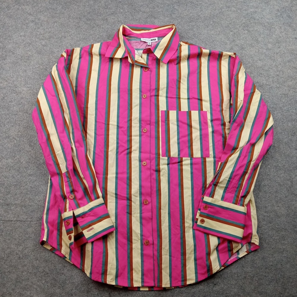 Fashion Nova‎ Shirt Mens Small Multicolor Stripe Button Front Long Sleeve Cotton